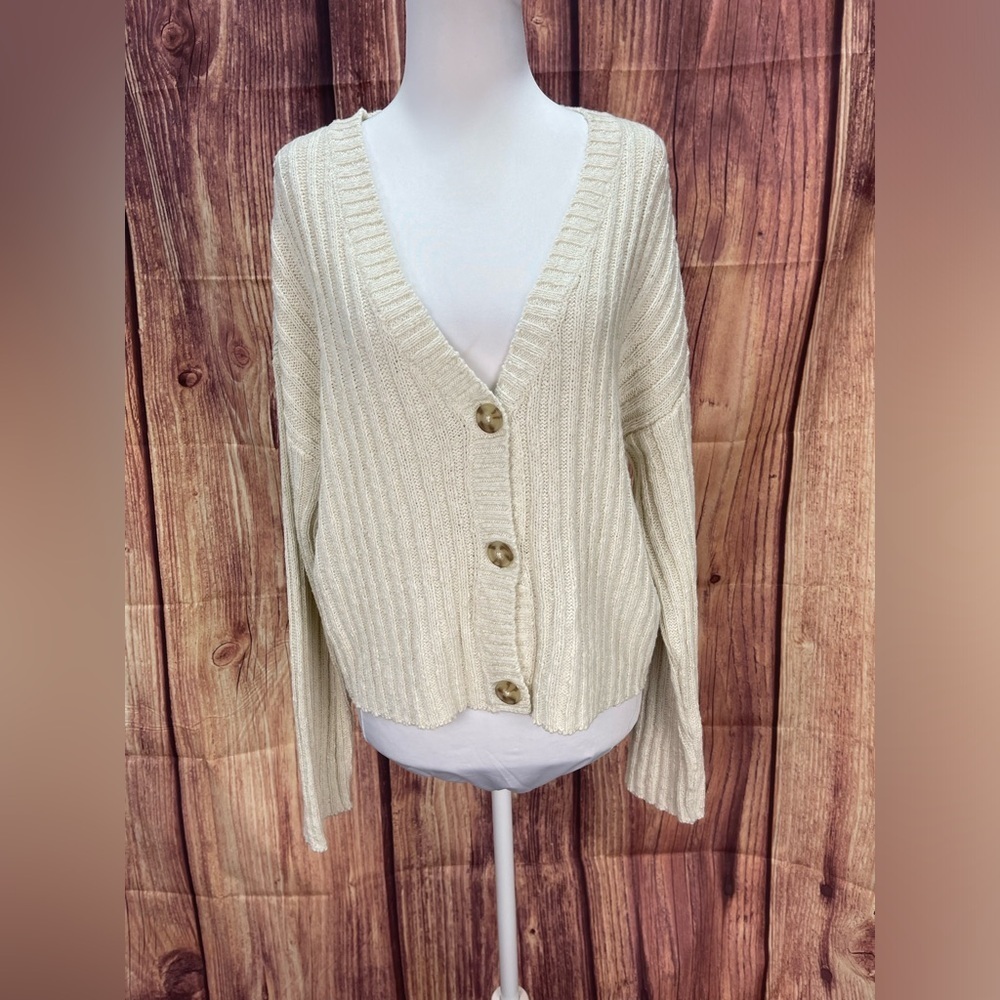 American eagle cotton blend long sleeve off white cardigan sweater womenโs S - Picture 4 of 15
